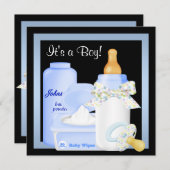 ブラックブルーボトルおしゃぶり男の赤ちゃんシャワー 招待状 (正面/裏面)