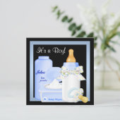 ブラックブルーボトルおしゃぶり男の赤ちゃんシャワー 招待状 (スタンド正面)