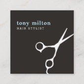 ブラックブルーモダンホワイトハサミ美容師 スクエア名刺 (正面)