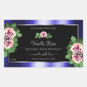 ブラックブルーモダン製品ラベルフローラピンクローズ 長方形シール (正面)