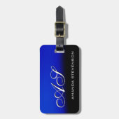 ブラックブルーユニークホワイトスクリプトモノグラムバッグラベル ラゲッジタグ (正面縦)