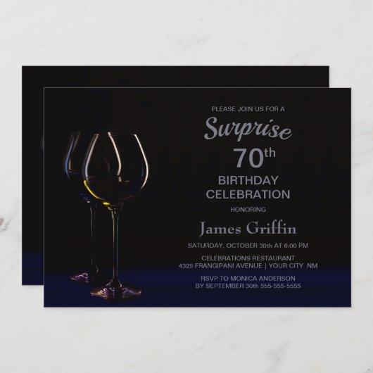ブラックブルーワインシャンパンサプライズ70誕生日 招待状 (正面/裏面)