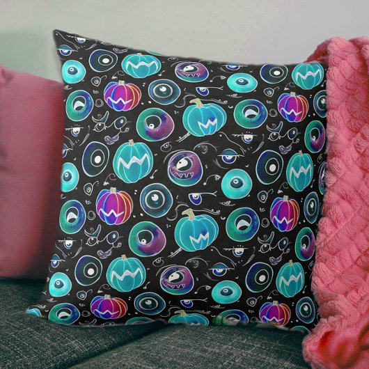 ブラックブルー不気味モンスターアイボールカボチャードル クッション