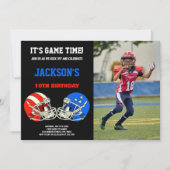 ブラックブルー対レッドフォトサッカー誕生日 招待状 (正面)