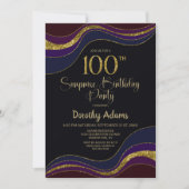 ブラックブルー金ゴールドグリッターサプライズ100誕生日 招待状 (正面)