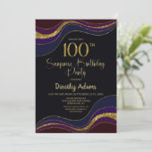 ブラックブルー金ゴールドグリッターサプライズ100誕生日 招待状 (スタンド正面)