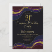 ブラックブルー金ゴールドグリッターサプライズ21歳の誕生日 招待状 (正面)
