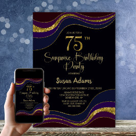 ブラックブルー金ゴールドグリッターサプライズ75誕生日 招待状