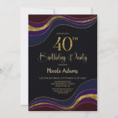 ブラックブルー金ゴールドグリッター40th誕生日パーティー 招待状 (正面)
