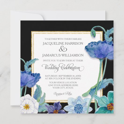 ブラックブルーnホワイトウォーターカラーフローラポピーシンプル 招待状 (正面)