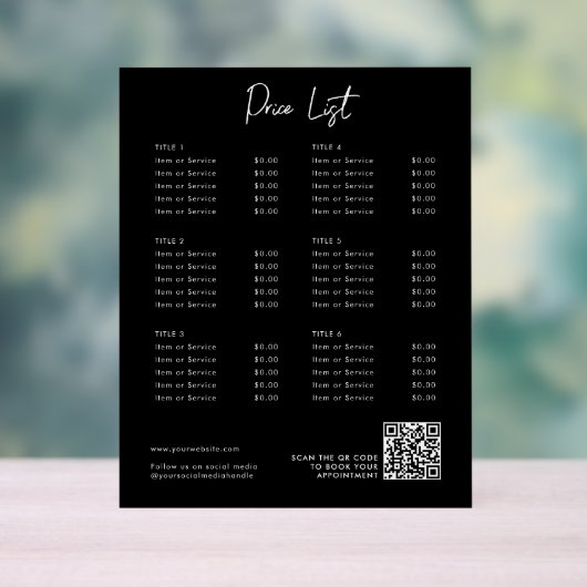 ブラックプライスモダンリストメニューQRコードソーシャルメディア アクリルサイン (ニュートラル)