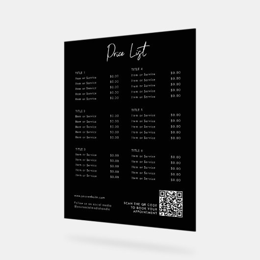 ブラックプライスモダンリストメニューQRコードソーシャルメディア アクリルサイン (傾斜)