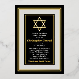 ブラックプラチナゴールドフォイルスターオブデイヴィッドバー（ユダヤ教の）バル・ミツバー 箔招待状