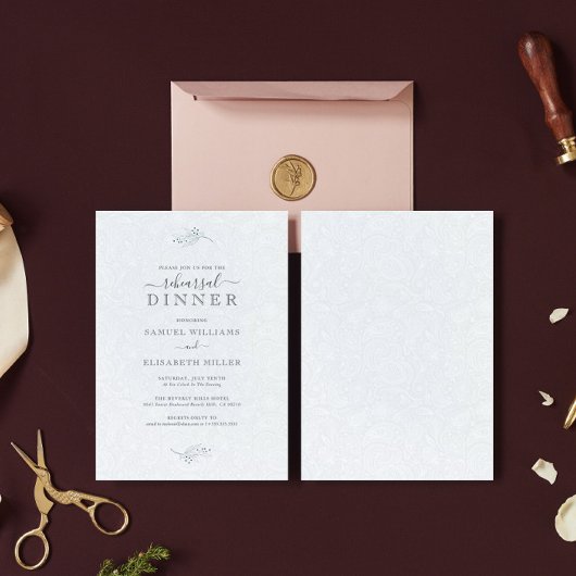 ブラックプラッシュホワイトペイズリーミニマルリハーサルディナー 招待状