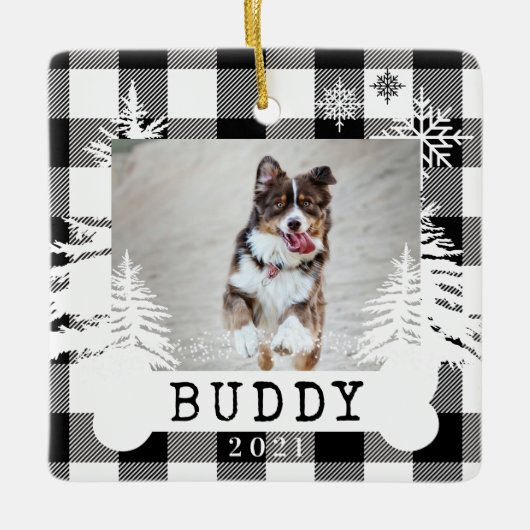 ブラックプラ素朴イド松の木犬の骨ペット写真 セラミックオーナメント (正面)