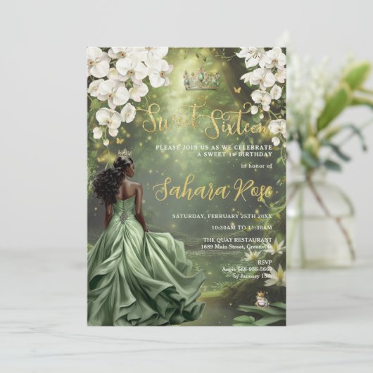 ブラックプリンセスとカエルのセージ緑のドレス甘い16 招待状 (スタンド正面)