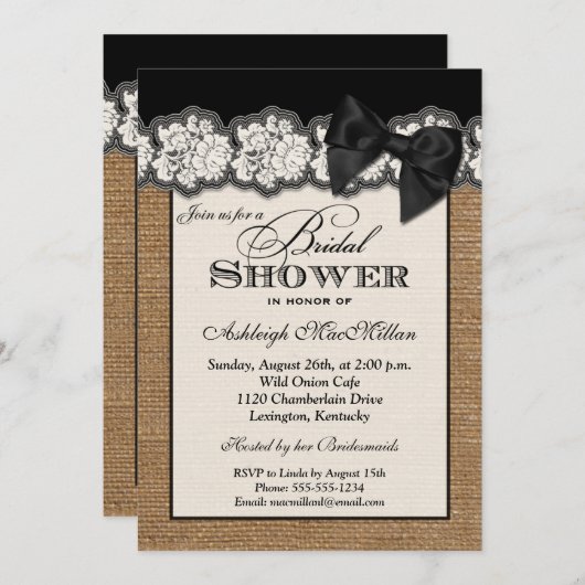 ブラックプリントされたボーバーラップレースブライダルシャワー招待状 招待状 (正面/裏面)