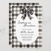 ブラックプレイドボウ誕生日招待状 サンキューカード (正面/裏面)