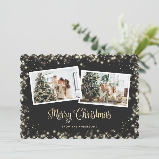 ブラックプレイド金ゴールドクリスマス魔法ライト写真 シーズンカード (スタンド正面)