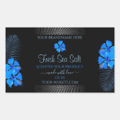 ブラックプロダクトラベルとスカイブルーハワイアン花 長方形シール (正面)