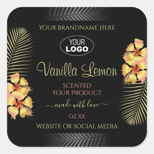 ブラックプロダクトラベルイエローハワイ花ロゴ追加 スクエアシール (正面)