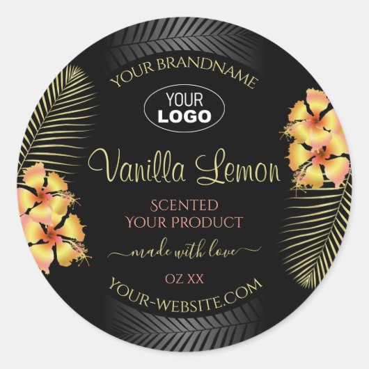 ブラックプロダクトラベルイエローハワイ花ロゴ追加 ラウンドシール (正面)