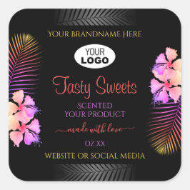 ブラックプロダクトラベルカラフルハワイアンフラワーロゴ スクエアシール