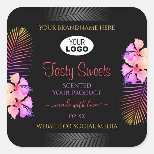 ブラックプロダクトラベルカラフルハワイアンフラワーロゴ スクエアシール (正面)