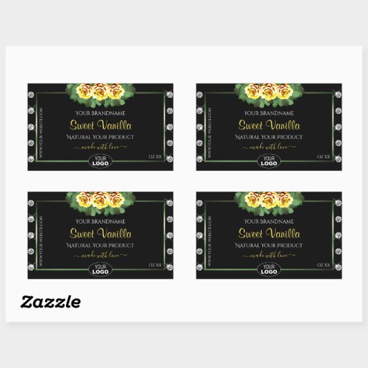 ブラックプロダクトラベルグリーンイエローローズジュエリーロゴ 長方形シール (シート)