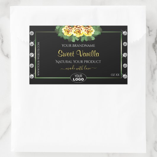 ブラックプロダクトラベルグリーンイエローローズジュエリーロゴ 長方形シール (バッグ)
