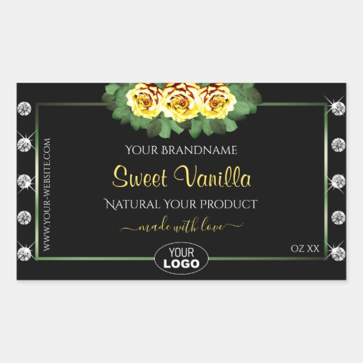 ブラックプロダクトラベルグリーンイエローローズジュエリーロゴ 長方形シール (正面)