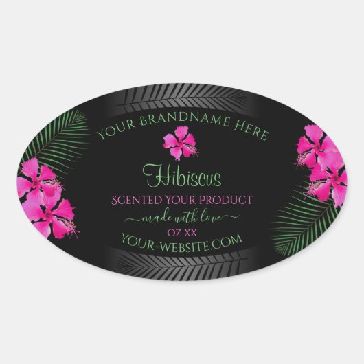 ブラックプロダクトラベルピンクの花グリーンパーム葉ズ 楕円形シール (正面)