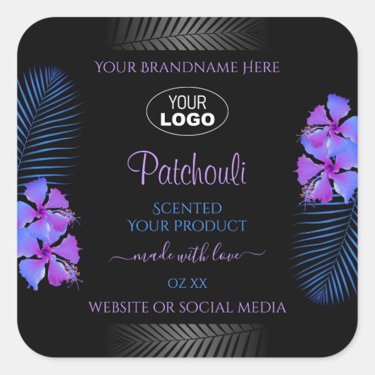 ブラックプロダクトラベル紫色の青い花(ロゴ付き) スクエアシール (正面)