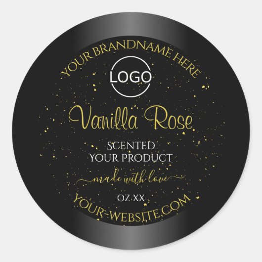 ブラックプロダクトラベル金ゴールドソフトグリッターロゴ付き ラウンドシール (正面)