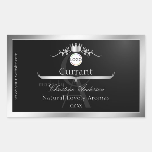 ブラックプロダクトラベル銀枠ロゴおよびモノグラム 長方形シール (正面)