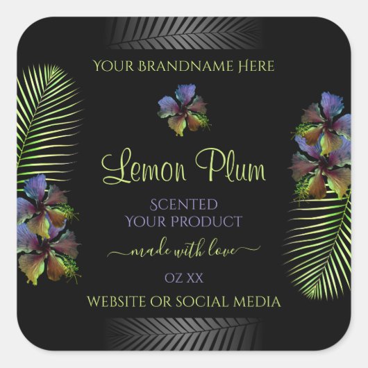 ブラックプロダクトラベル黄色の紫色のハワイの花 スクエアシール (正面)