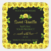 ブラックプロダクト包装ラベル上の黄色のローズフレーム スクエアシール (正面)