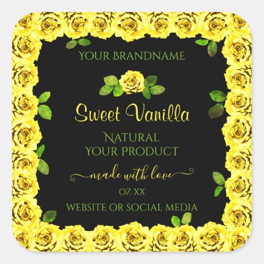 ブラックプロダクト包装ラベル上の黄色のローズフレーム スクエアシール (正面)