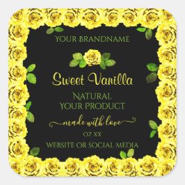 ブラックプロダクト包装ラベル上の黄色のローズフレーム スクエアシール