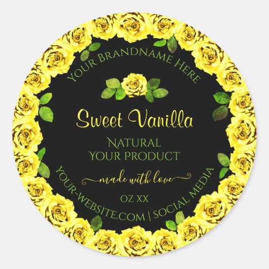 ブラックプロダクト包装ラベル上の黄色のローズフレーム ラウンドシール