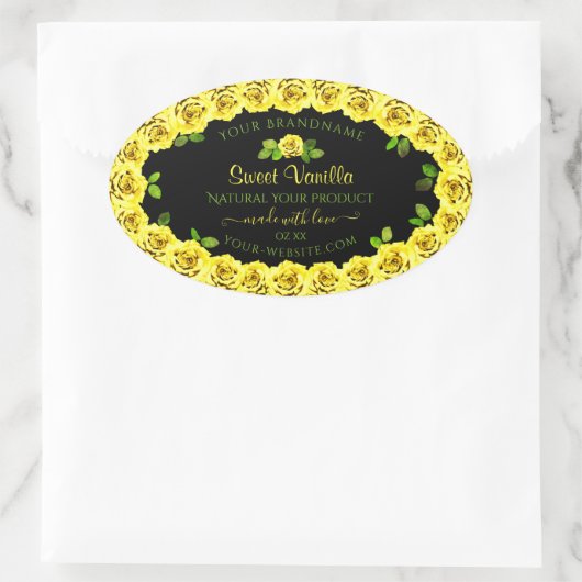 ブラックプロダクト包装ラベル上の黄色のローズフレーム 楕円形シール (バッグ)