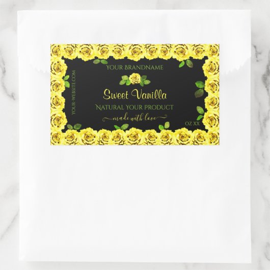 ブラックプロダクト包装ラベル上の黄色のローズフレーム 長方形シール (バッグ)