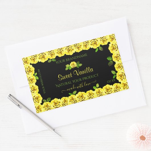 ブラックプロダクト包装ラベル上の黄色のローズフレーム 長方形シール (封筒)