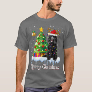 ブラックプードルサンタクリスマスツリーライト犬好き Tシャツ