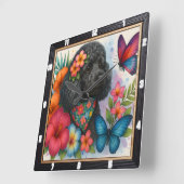 ブラックプードルフローラバタフライアート スクエア壁時計 (傾斜)