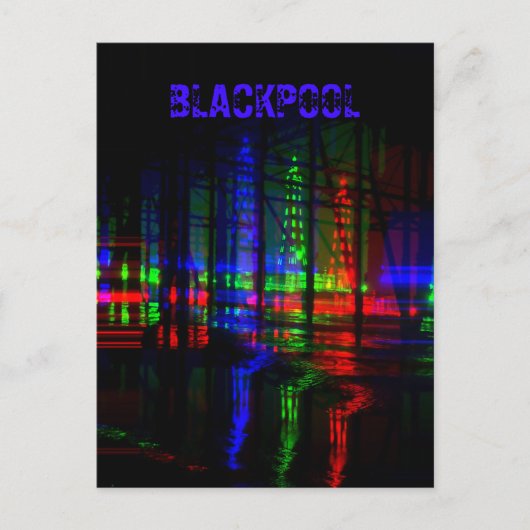 ブラックプールタワー水反射、赤、緑、青 ポストカード (正面)