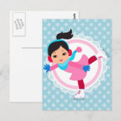 ブラックヘアアイススケートウィンタースポーツスケートで滑る ポストカード (正面/裏面)