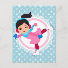 ブラックヘアアイススケートウィンタースポーツスケートで滑る ポストカード