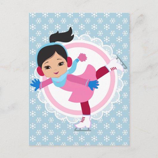 ブラックヘアアイススケートウィンタースポーツスケートで滑る ポストカード (正面)