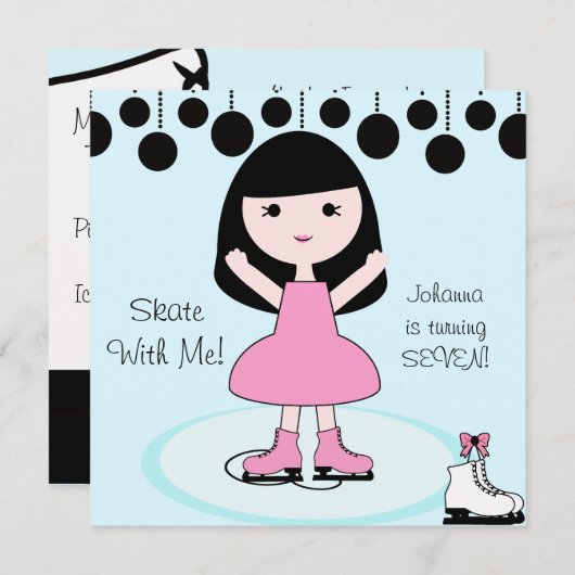 ブラックヘアガールアイススケートで滑るパーティの招待状 招待状 (正面/裏面)